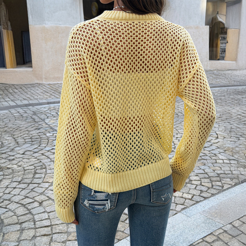 Loose Relaxed Openwork Cardigan Sweater In Knit Fabric