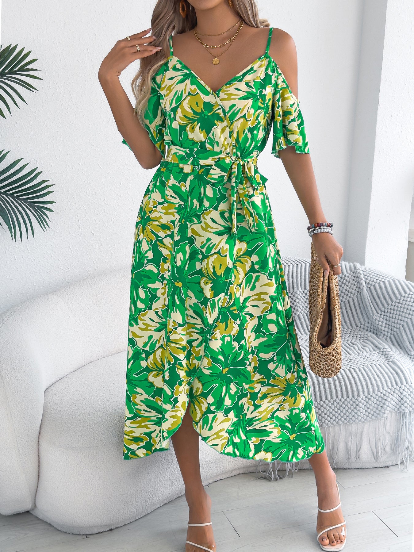 Women's Off Shoulder Cross V Neck Floral Print Camisole Vacation Maxi Dress