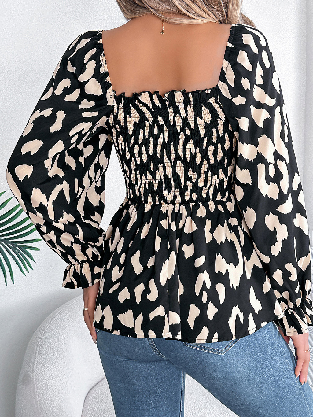Women's Casual Ruffle Trim Square Neck Leopard Print Long Sleeve Chiffon Top