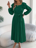 Women's Elegant Ruffle Trim Square Neck Long Sleeve Tie Waist Pleated Dress