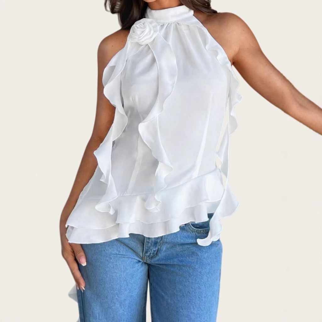 Chic Floral Neckpiece With Ribbon Tie Up Top