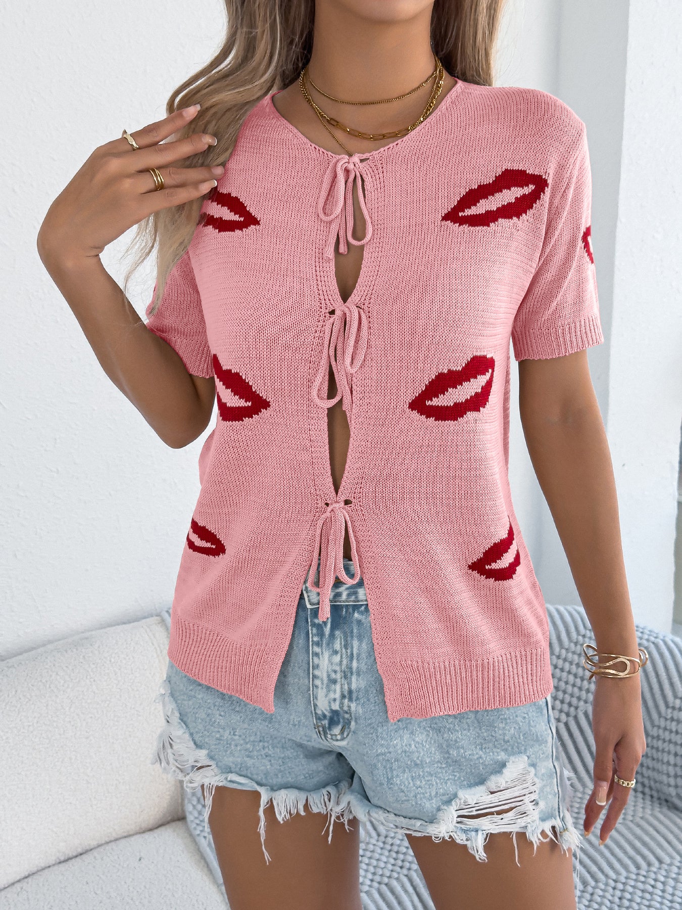 Women   Casual Sexy Lips Jacquard Tie Knit Valentine  Top