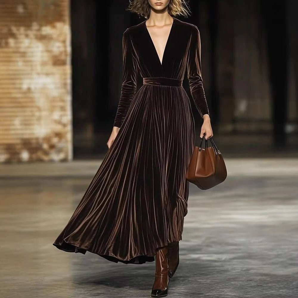 Slimming Solid Color Deep V Neck Pleated Hem Long Sleeve Dress For Women