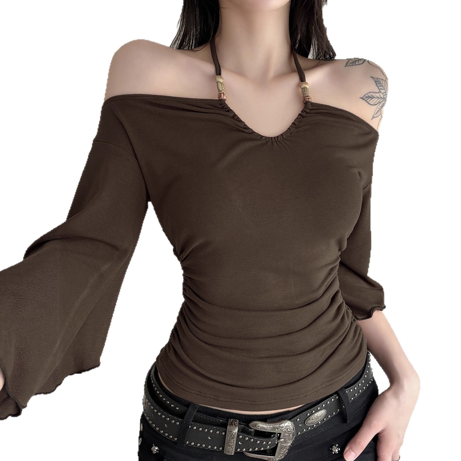 American-style Vintage Off-shoulder Figure-hugging Beaded Halter Womens Blouse