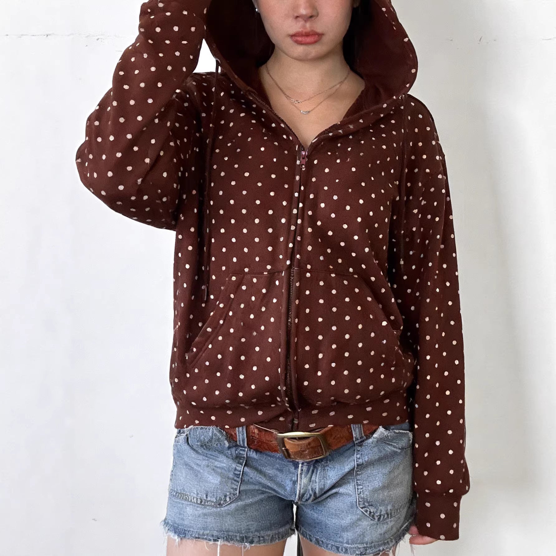 Stylish European And American-style Dotted Print Zip-up Hooded Lightweight Coat