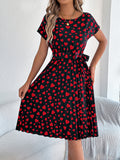 Women's Casual Color Block Heart Print Short Sleeve Tie Waist Pleated Dress