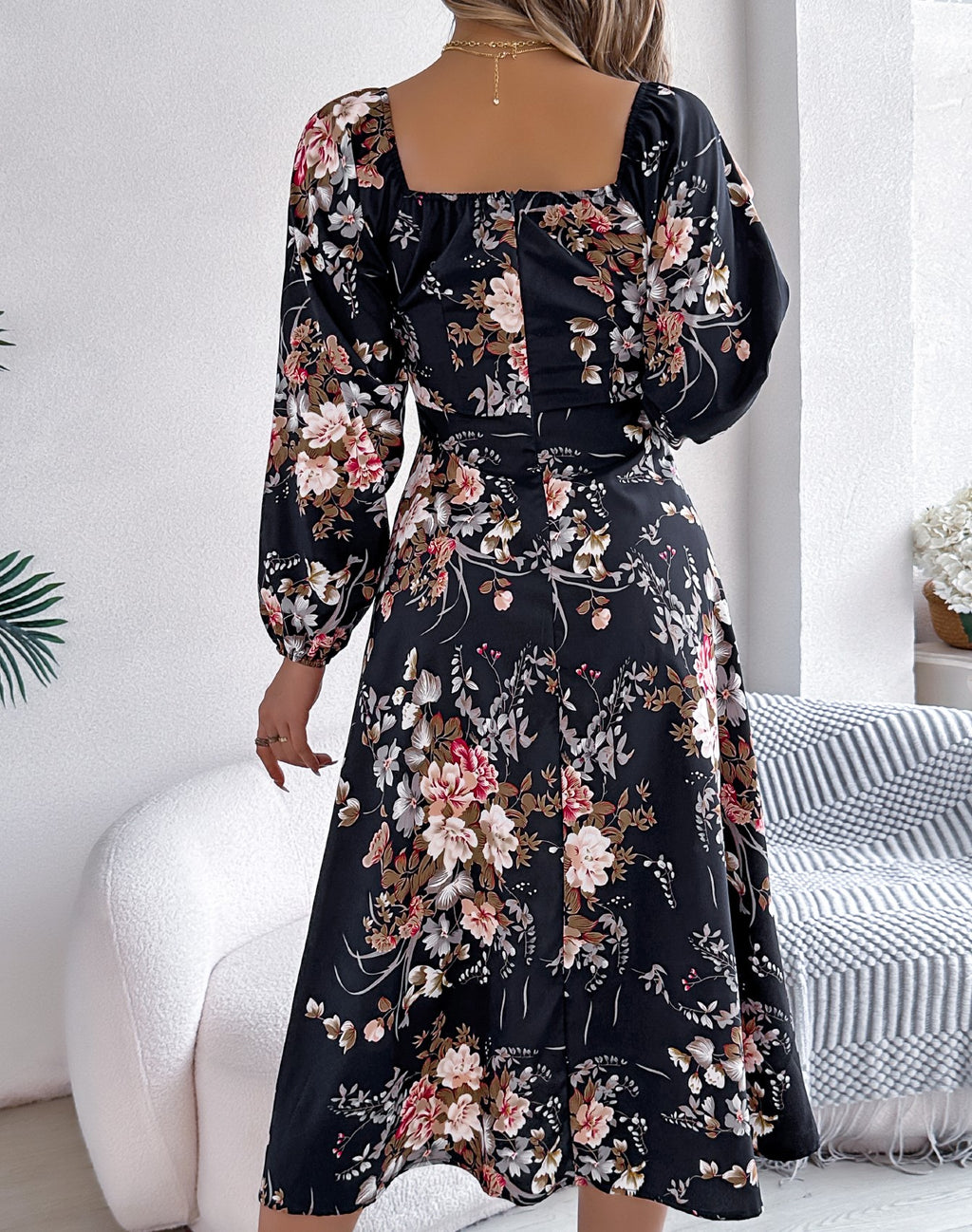 Women's Sexy Tie Knot Floral Print Long Sleeve Split Dress