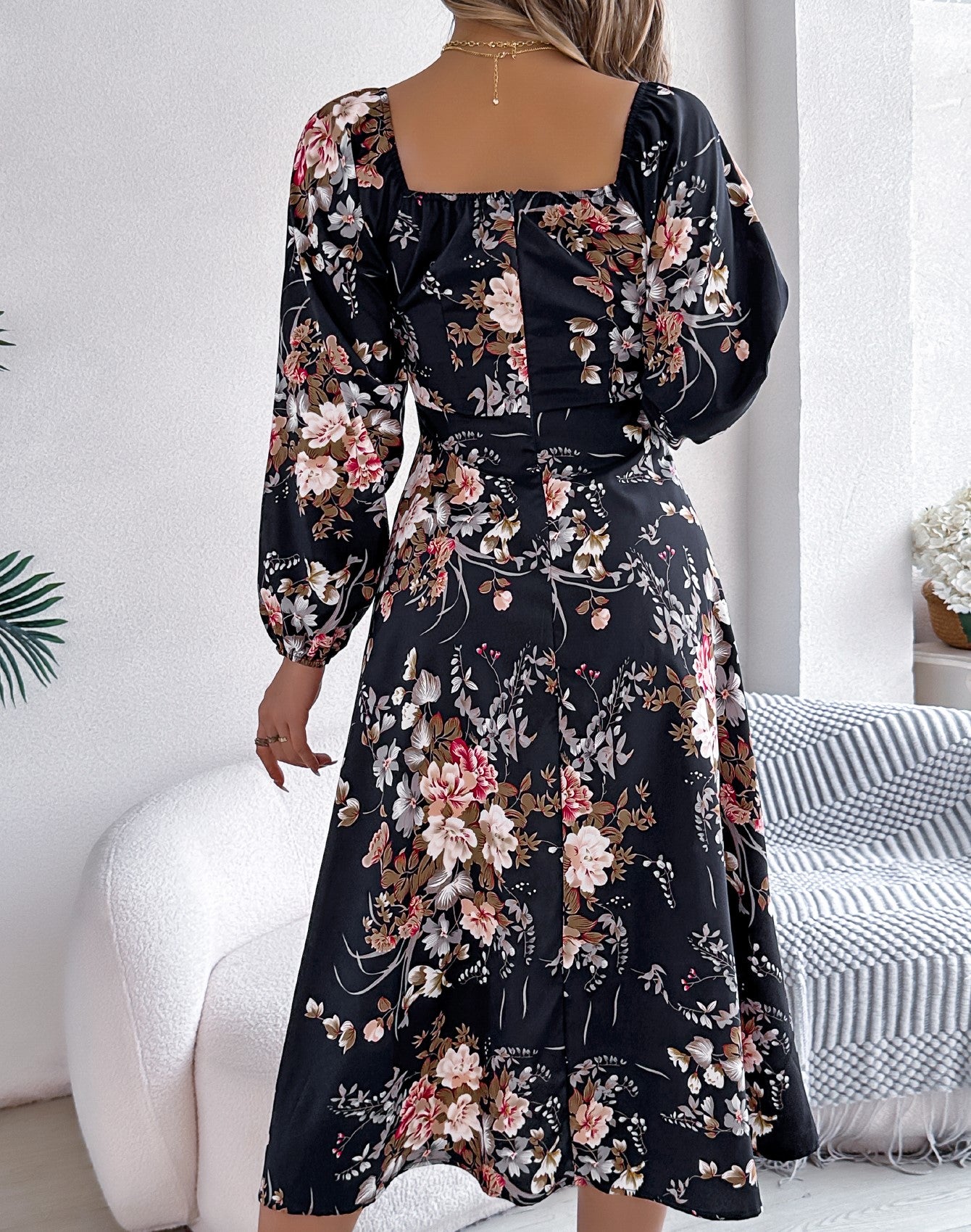 Women's Sexy Tie Knot Floral Print Long Sleeve Split Dress