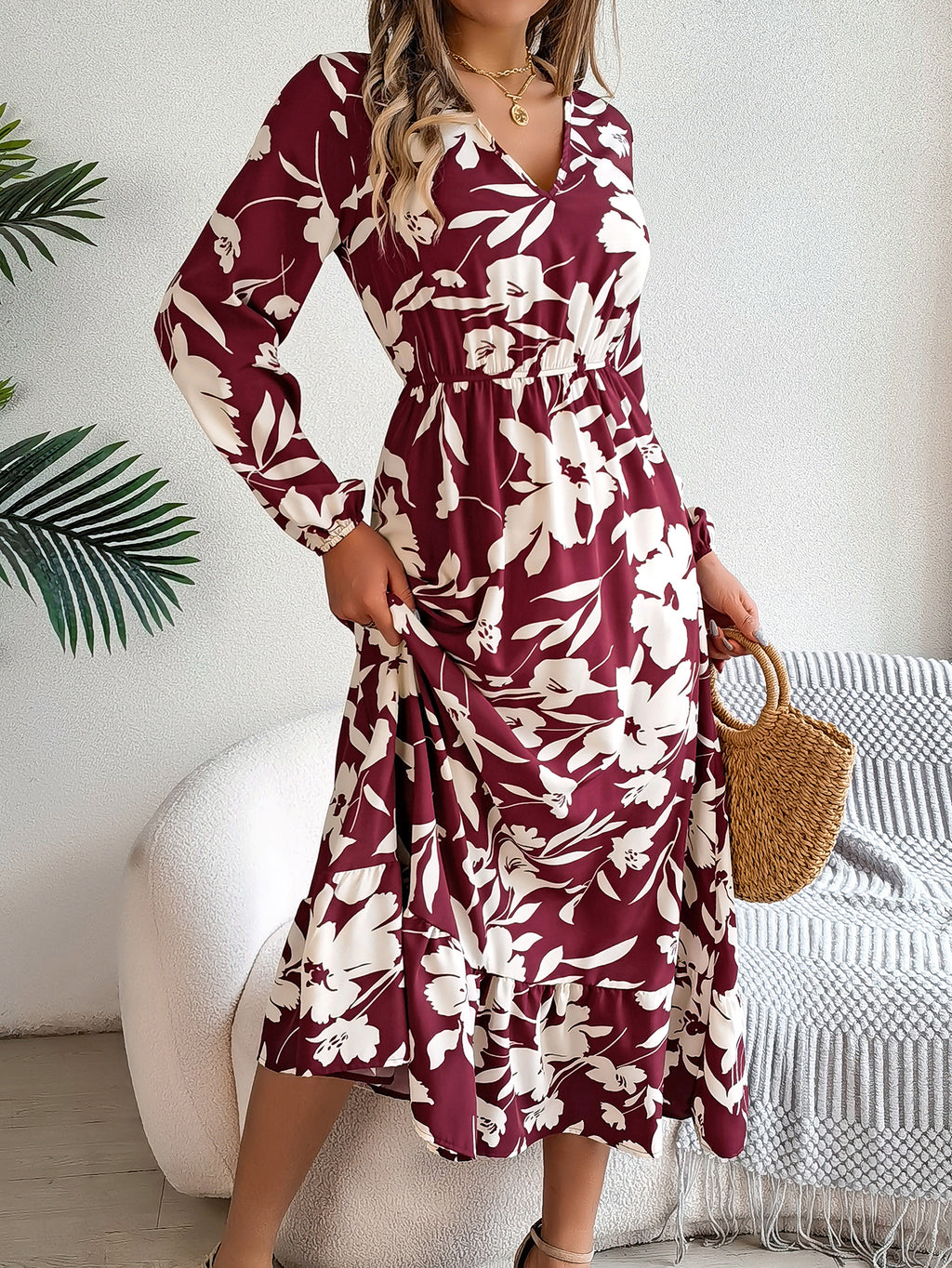 Women's Casual Floral Print Tie Waist Long Sleeve Ruffle Dress