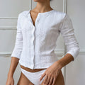 Casual Versatile Solid-Color Hollow-Out Crew-Neck Knitted Jacquard Top For Women
