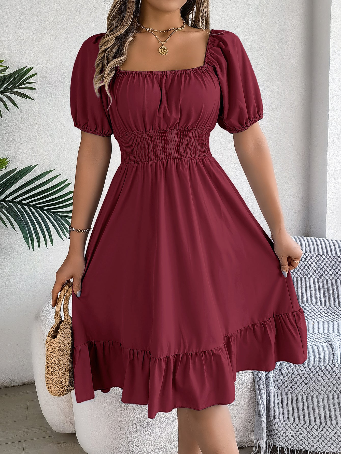 Women's Casual Square Neck Short Sleeve Tie Waist Ruffle A-Line Dress