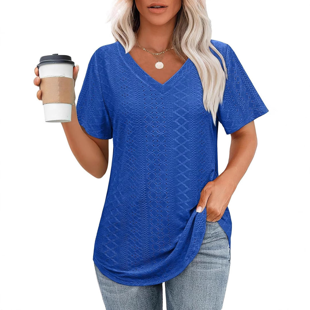 Hollow-out Airy Casual V-Neck Short Sleeve