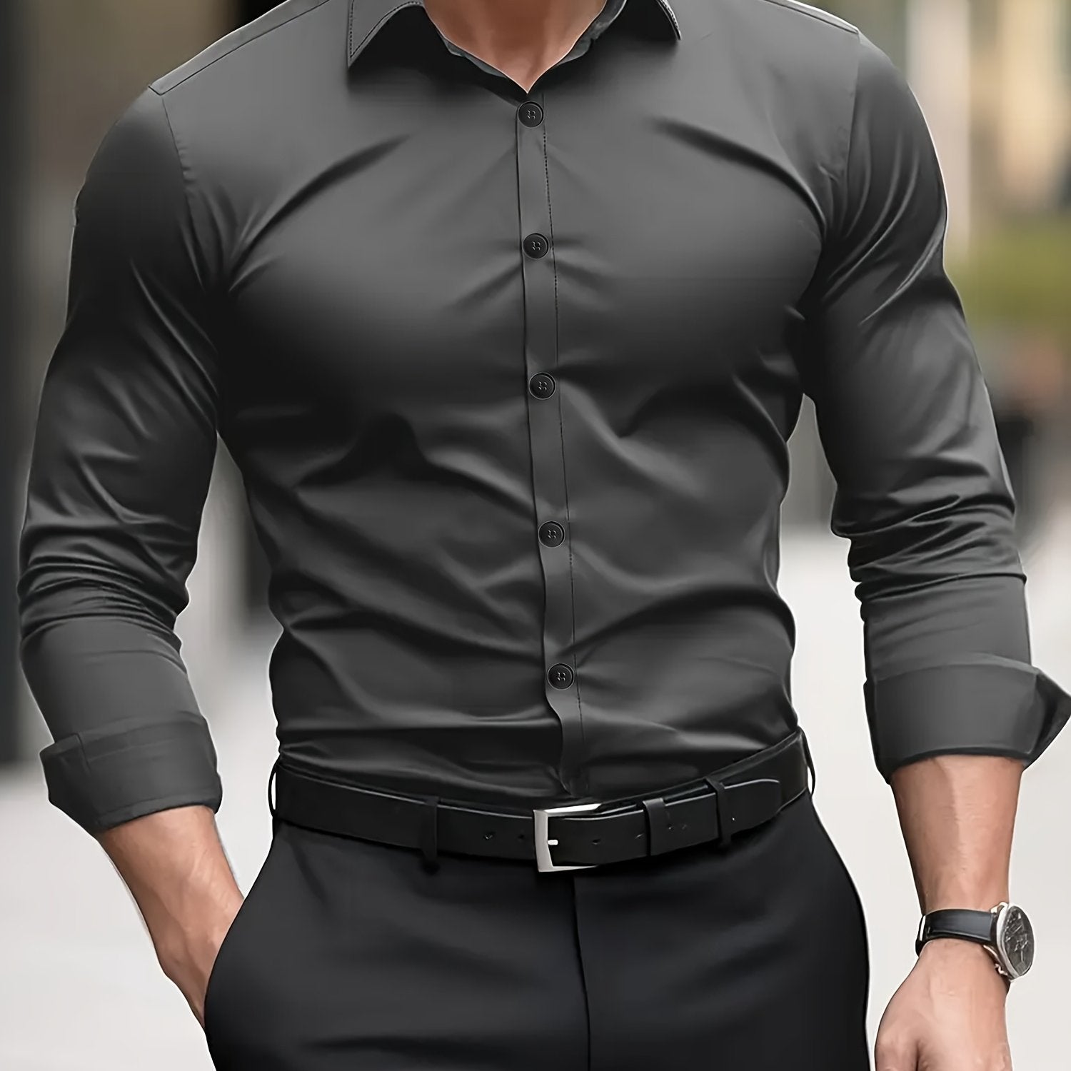 Polyester Semi-Sheer Dress Shirt Dark Gray Semi-Sheer