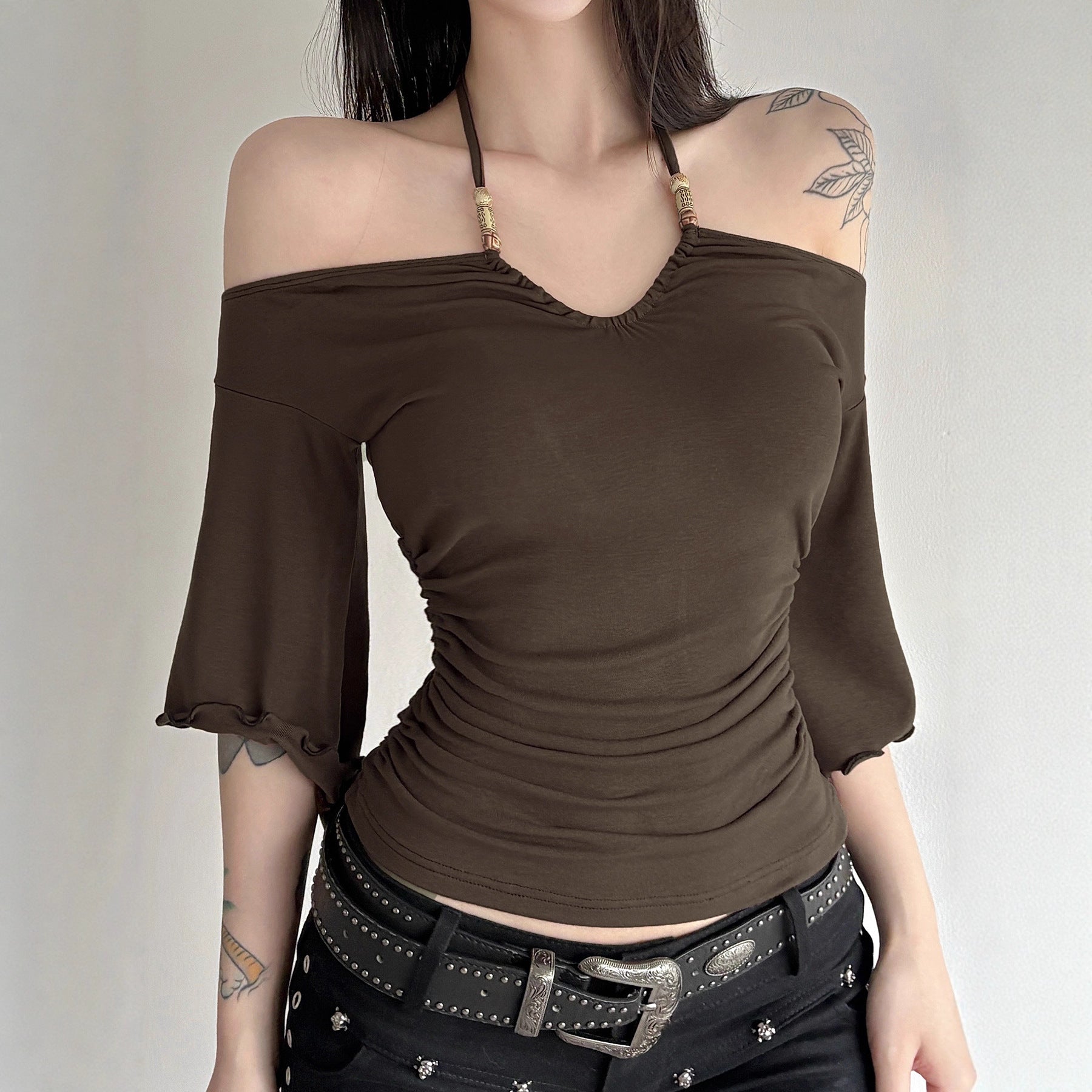 American-style Vintage Off-shoulder Figure-hugging Beaded Halter Womens Blouse