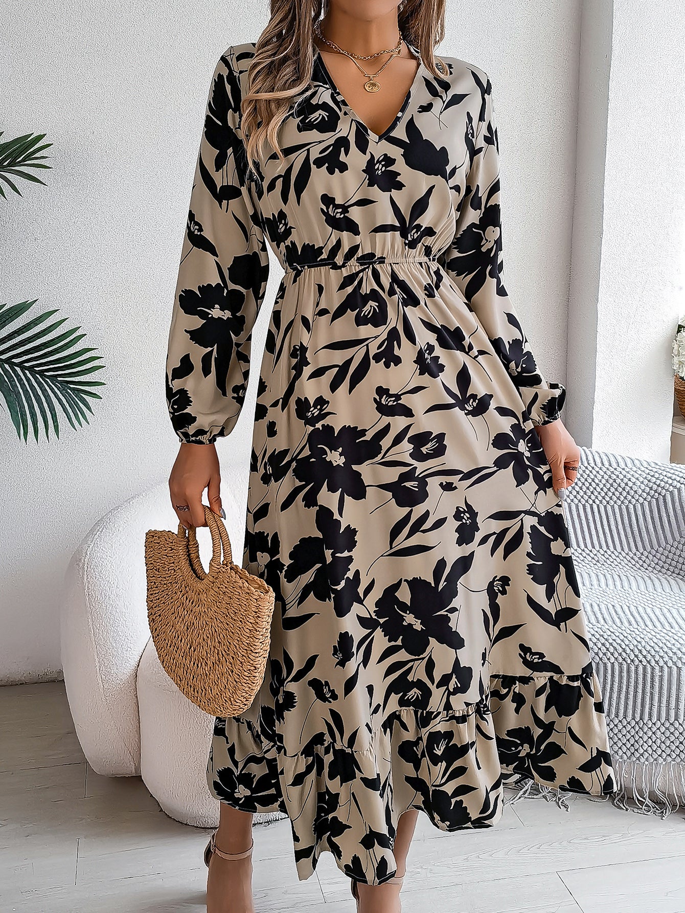 Women's Casual Floral Print Tie Waist Long Sleeve Ruffle Dress