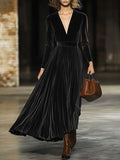 Slimming Solid Color Deep V Neck Pleated Hem Long Sleeve Dress For Women