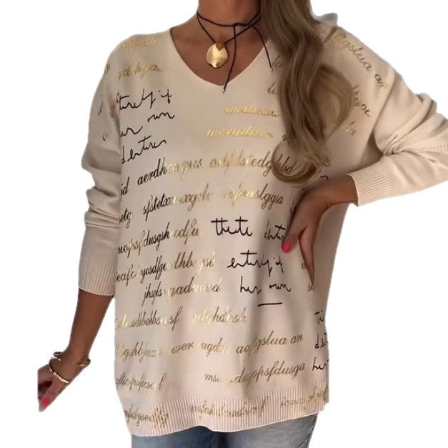 Solid-color Printed Letter Long-sleeve Top For Women