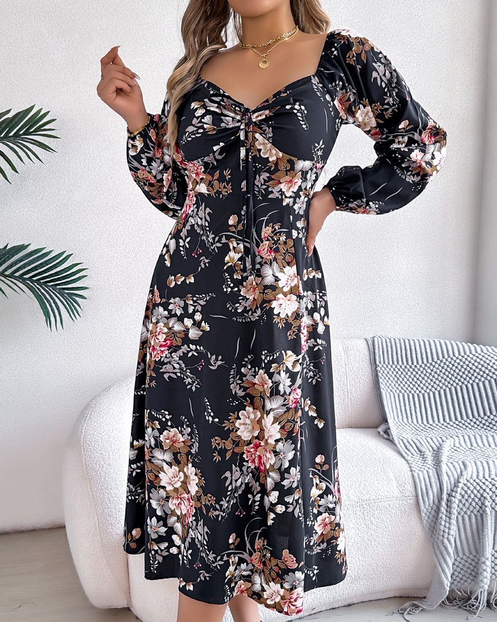 Women's Sexy Tie Knot Floral Print Long Sleeve Split Dress