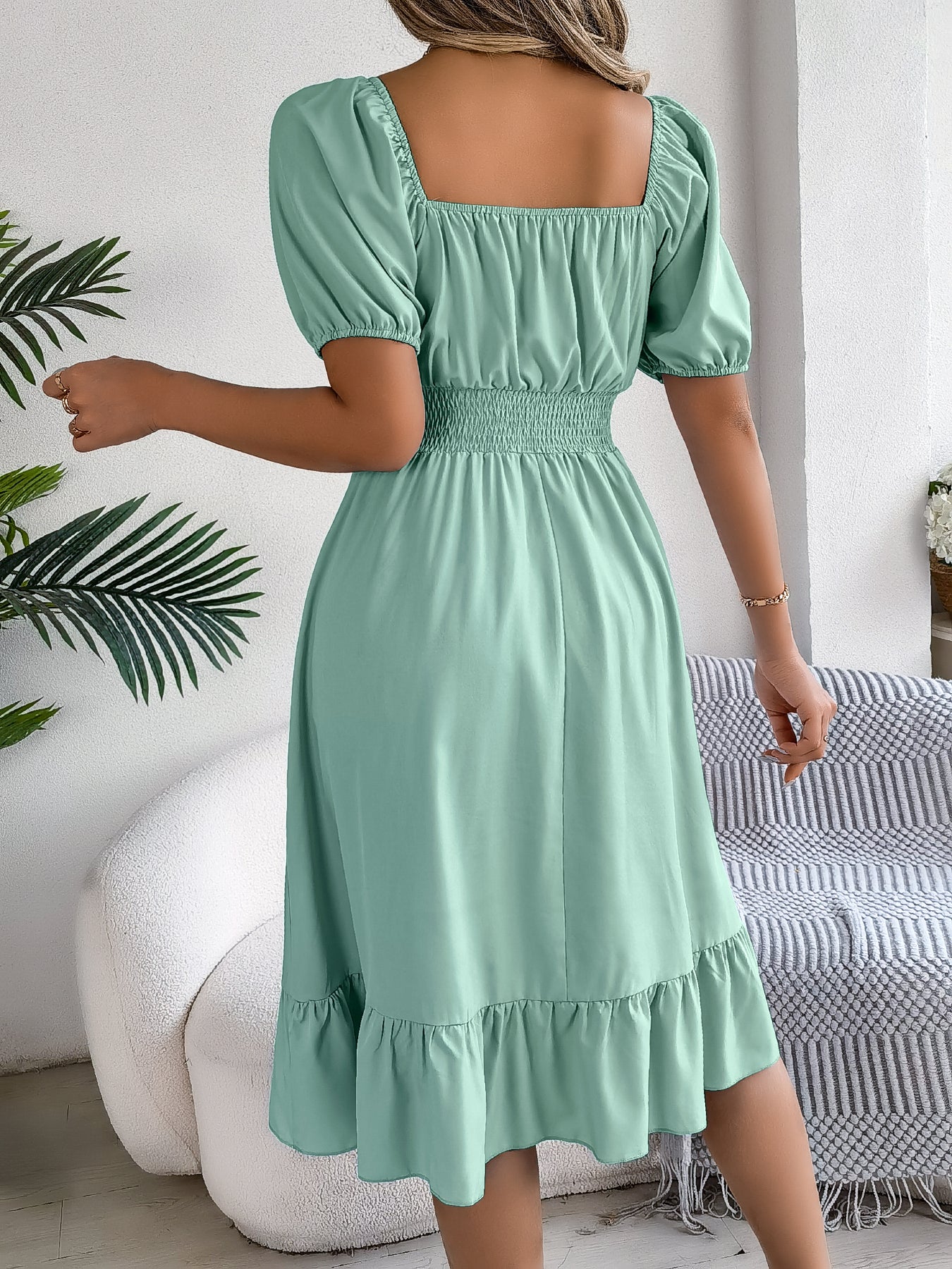Women's Casual Square Neck Short Sleeve Tie Waist Ruffle A-Line Dress