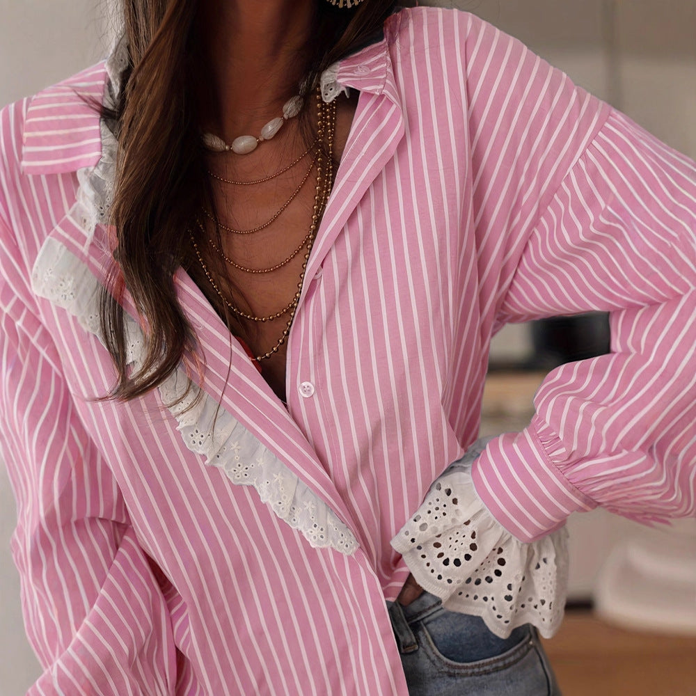 Korean-style Elegant, Effortless Striped Lace-Patchwork Womens Shirt