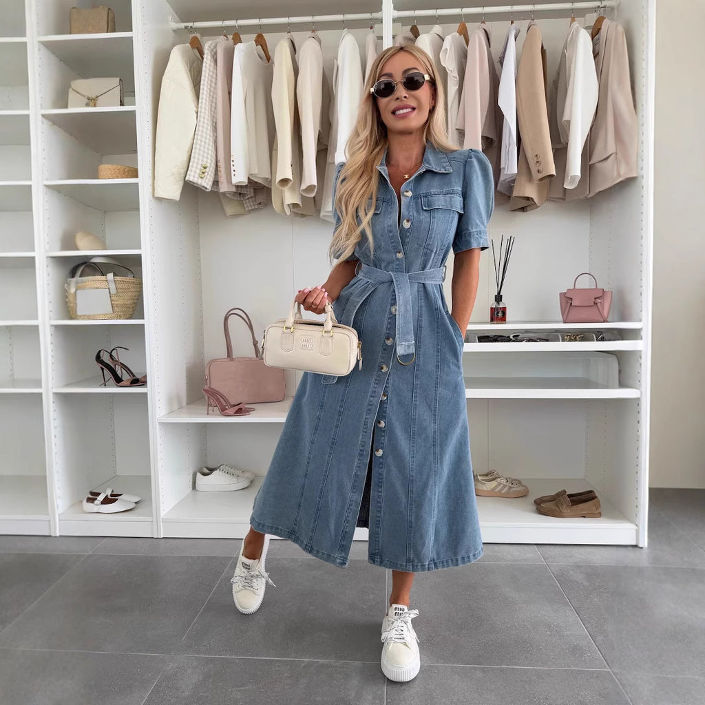 Women's Short-sleeve Denim Midi Skirt