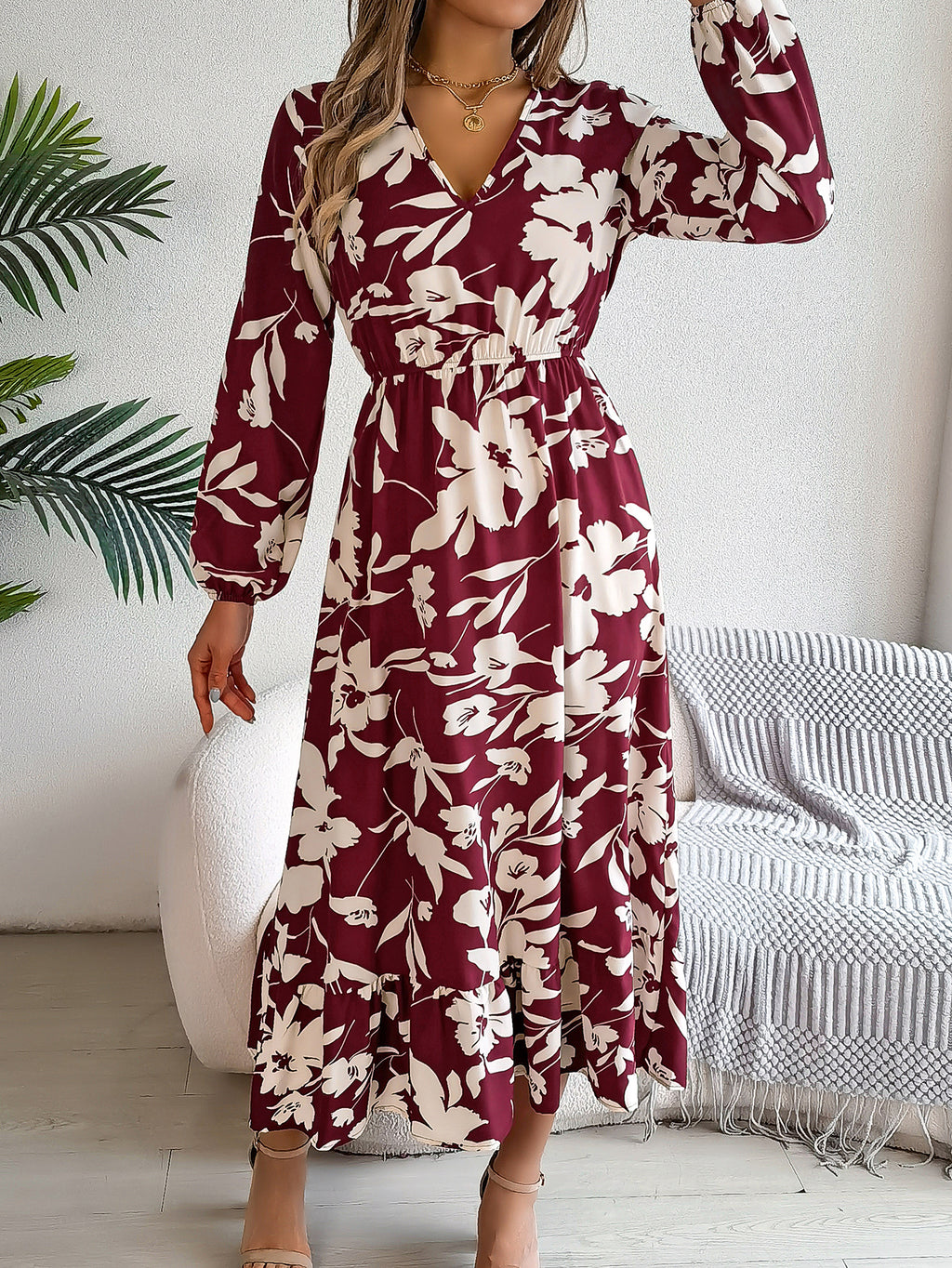 Women's Casual Floral Print Tie Waist Long Sleeve Ruffle Dress