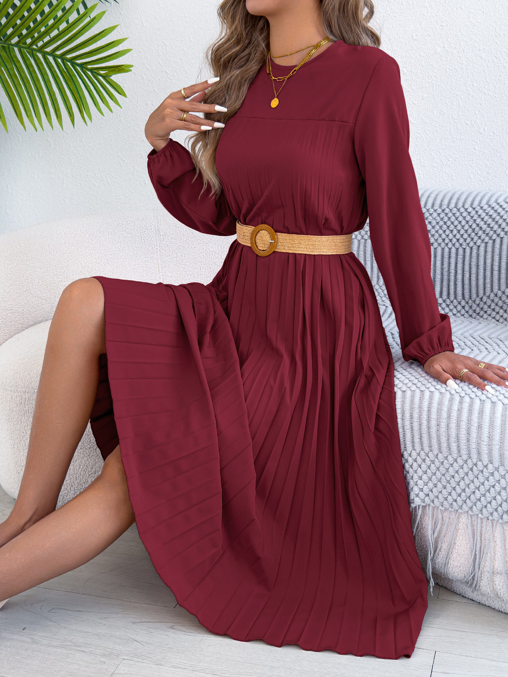 Women's Casual Solid Color Long Sleeve Pocket Pleated Dress