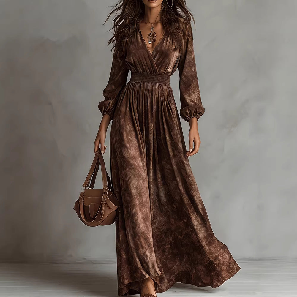Womens Fashionable Retro Waist-Cinching Printed Dress