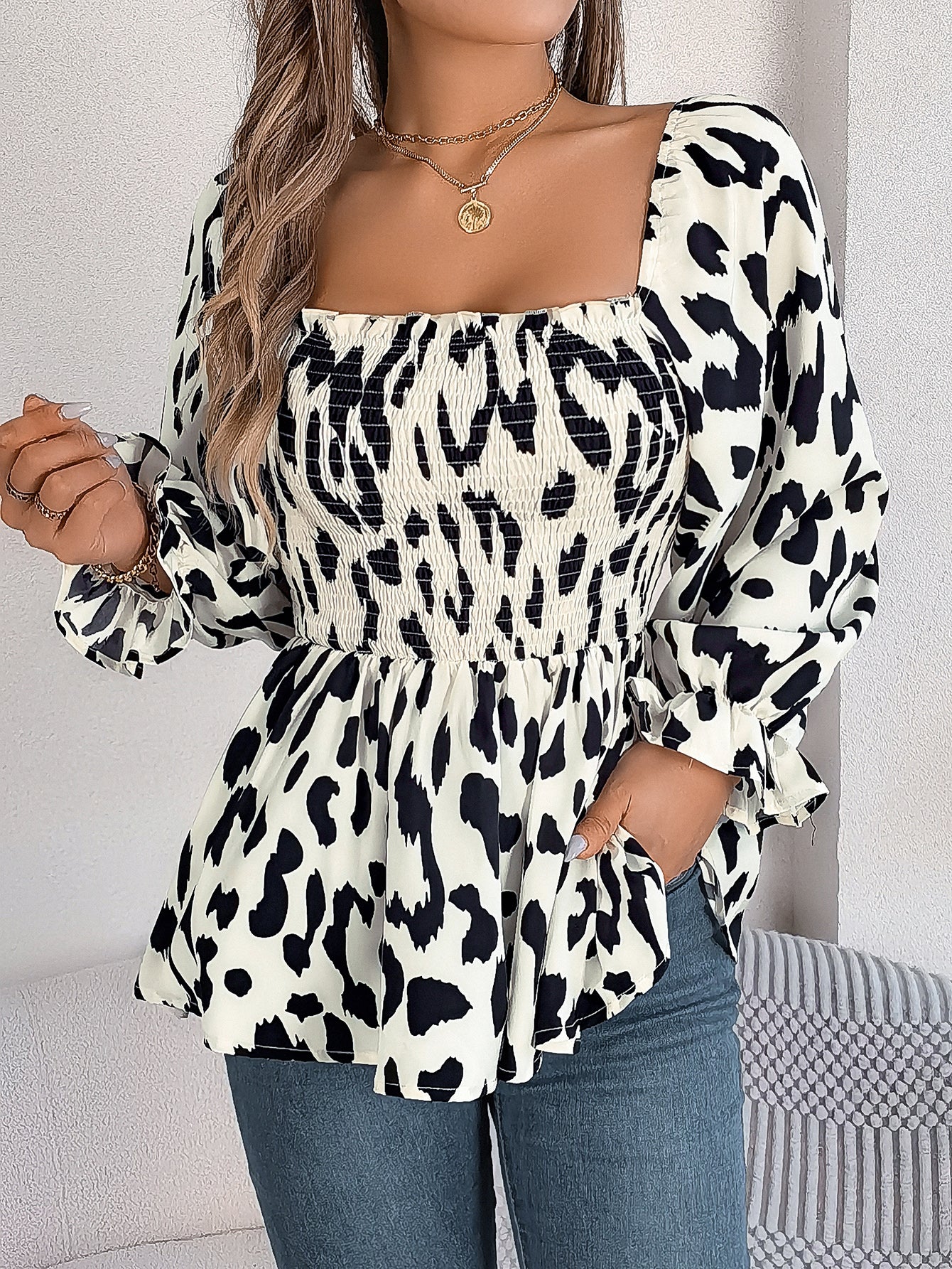Women's Casual Ruffle Trim Square Neck Leopard Print Long Sleeve Chiffon Top