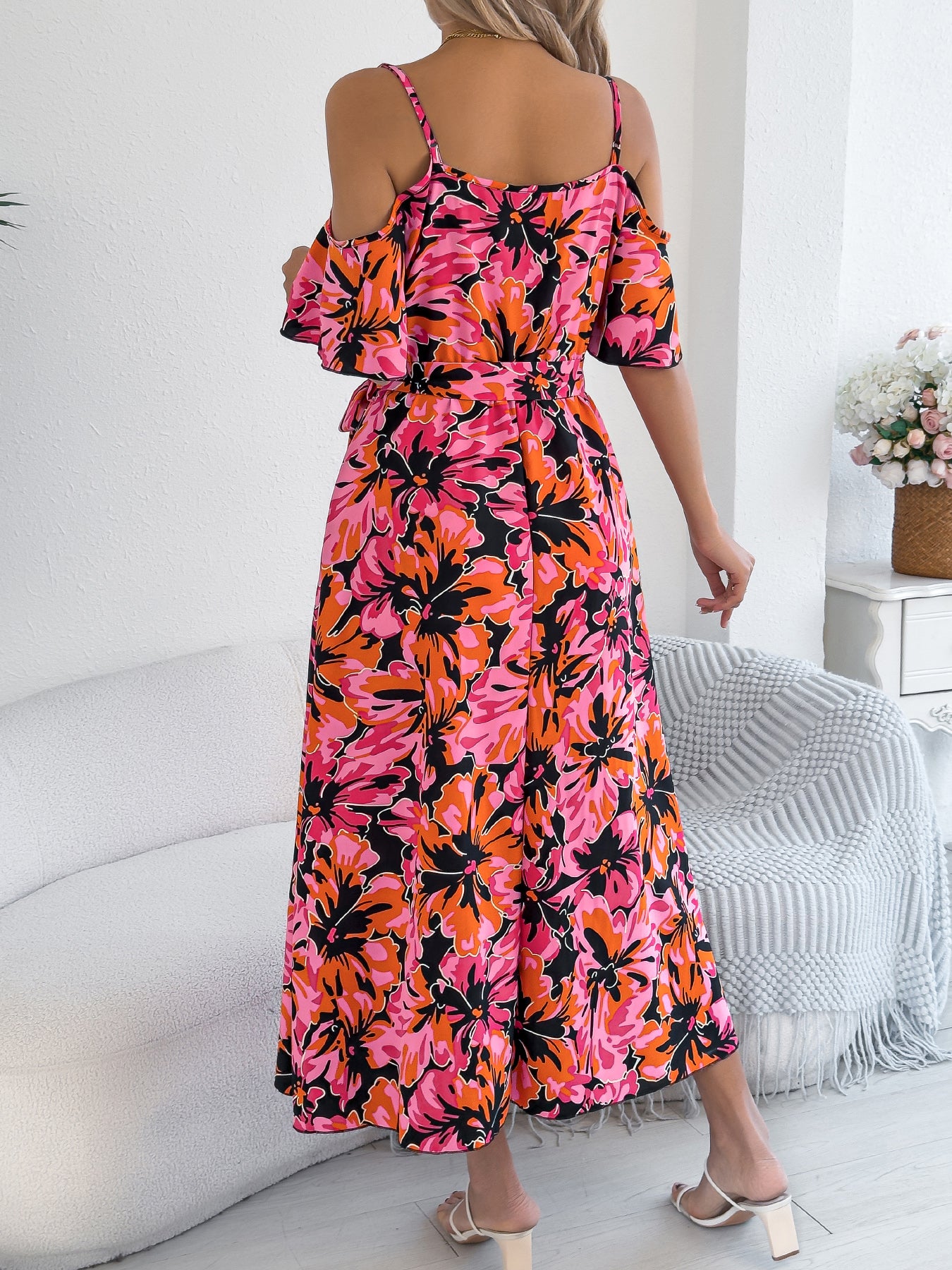 Women's Off Shoulder Cross V Neck Floral Print Camisole Vacation Maxi Dress