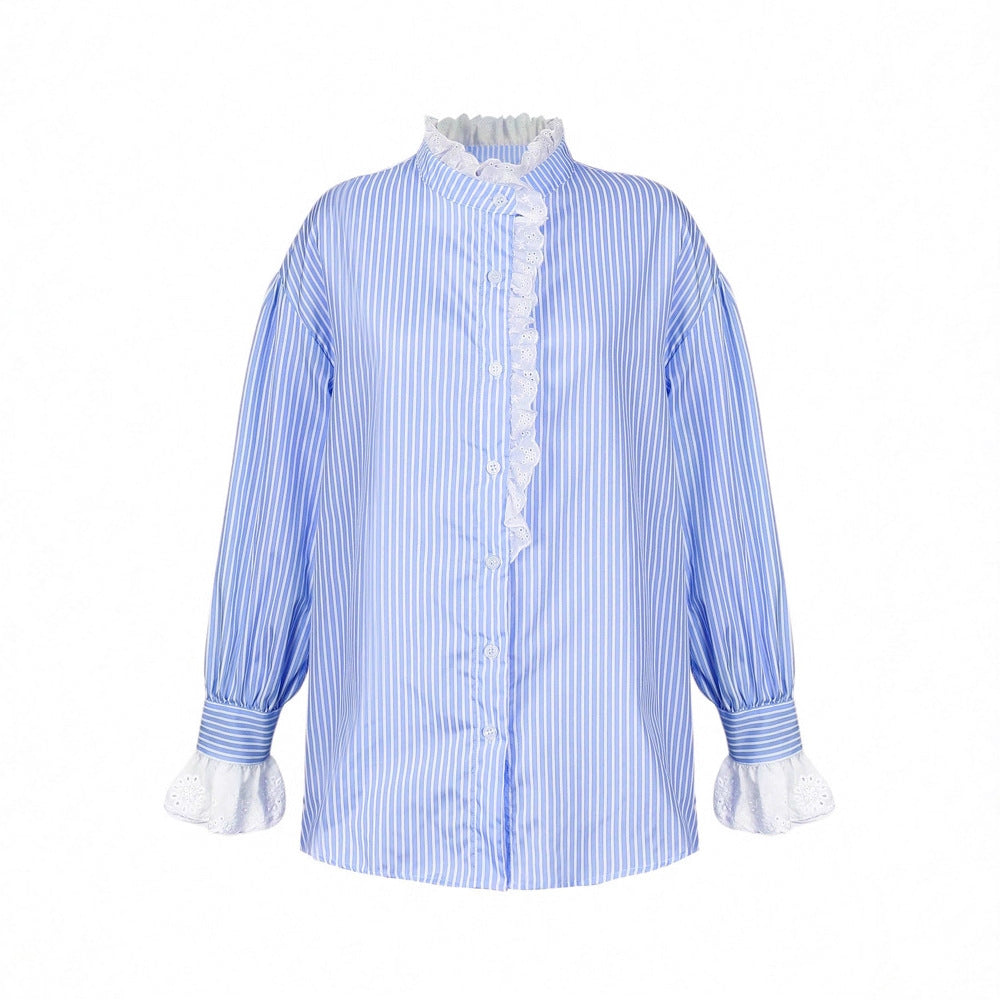 Korean-style Elegant, Effortless Striped Lace-Patchwork Womens Shirt
