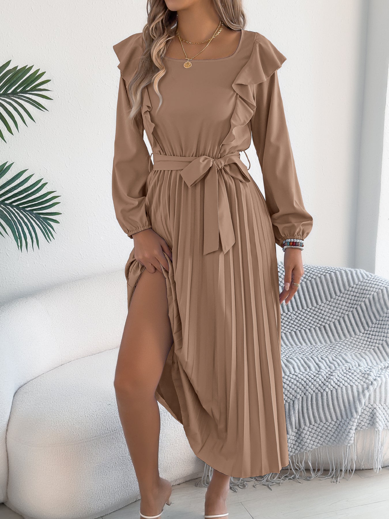 Women's Elegant Ruffle Trim Square Neck Long Sleeve Tie Waist Pleated Dress