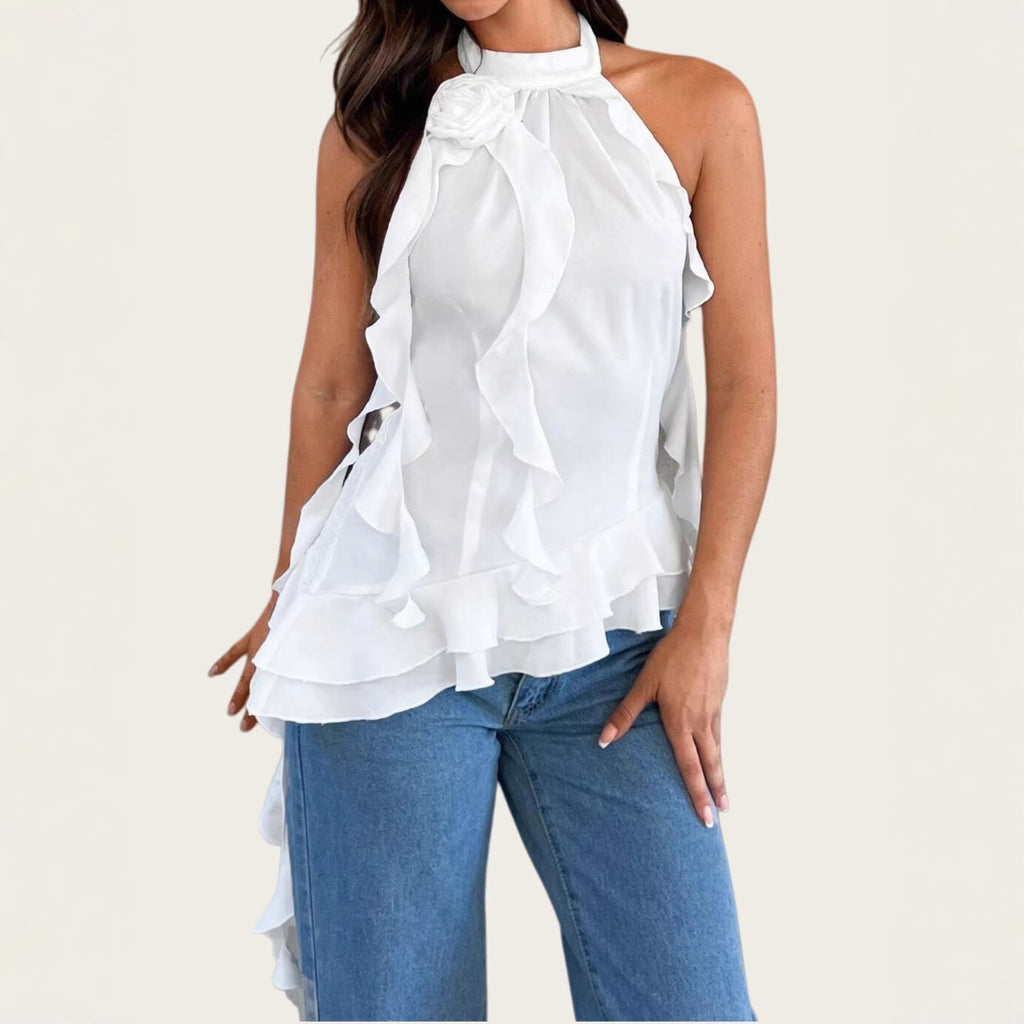 Chic Floral Neckpiece With Ribbon Tie Up Top