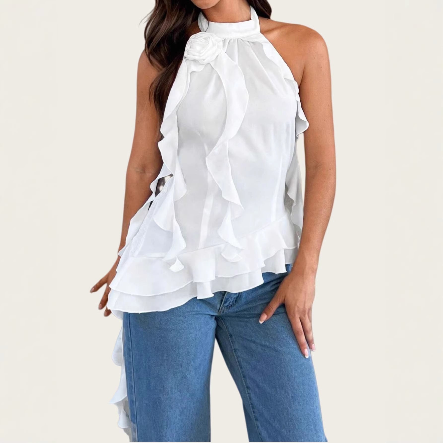 Chic Floral Neckpiece With Ribbon Tie Up Top