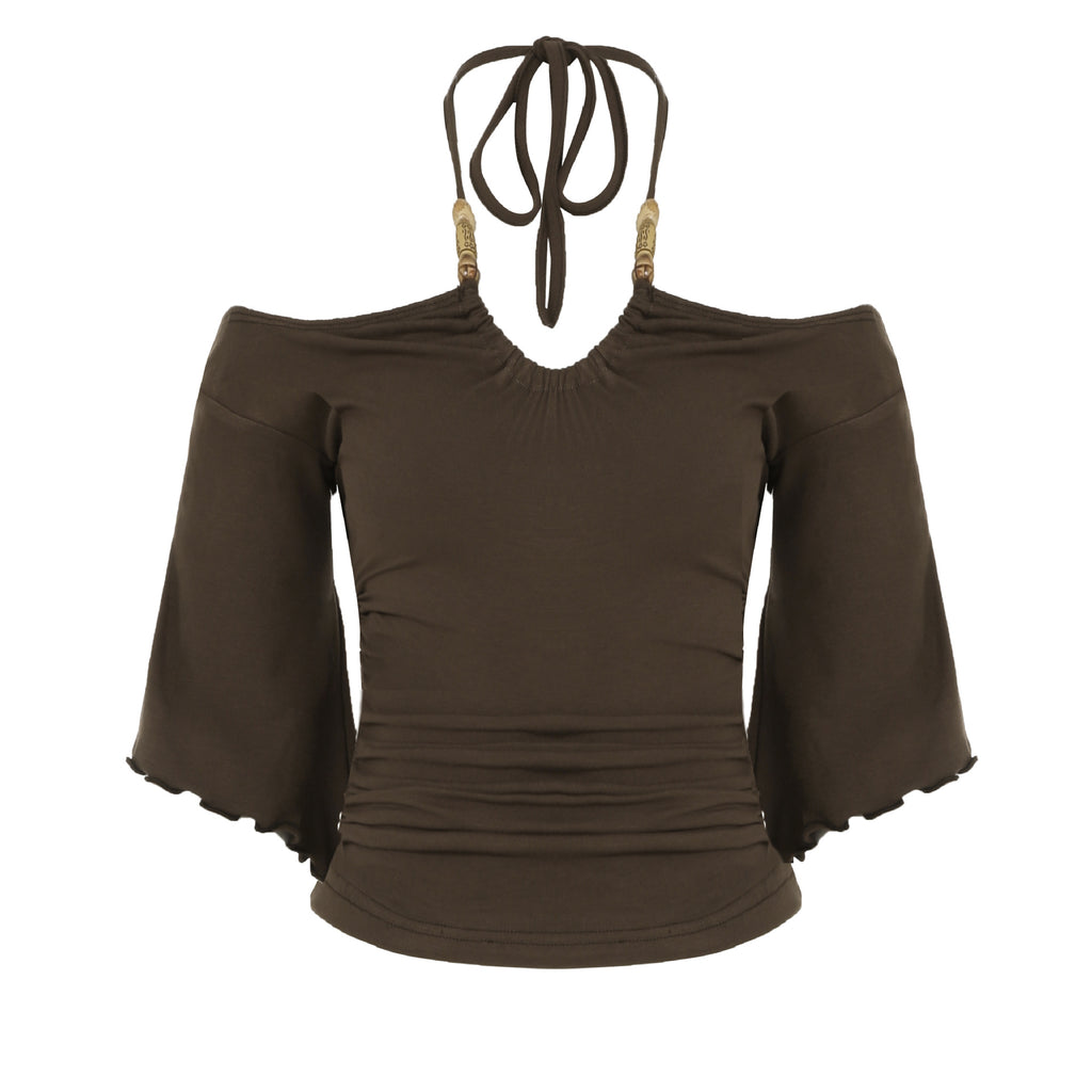 American-style Vintage Off-shoulder Figure-hugging Beaded Halter Womens Blouse