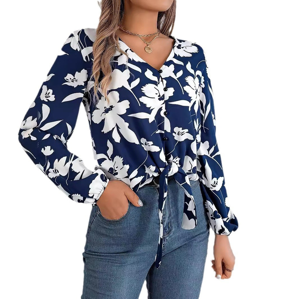Floral Lantern-sleeve Lace-up Chiffon Blouse Top