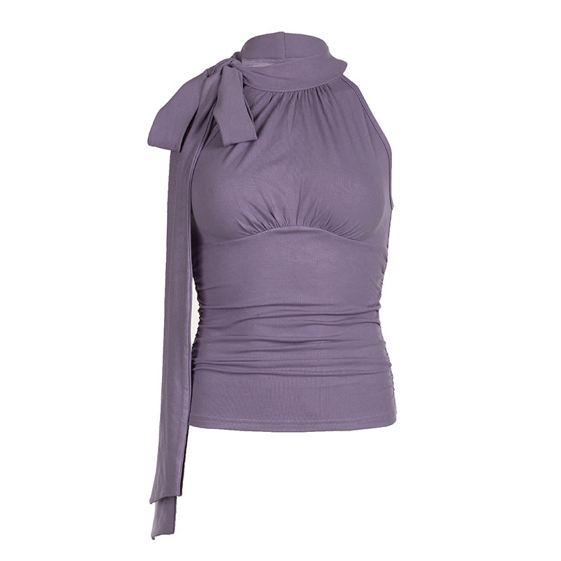 Womens French-Elegant Collarless Pleated Top