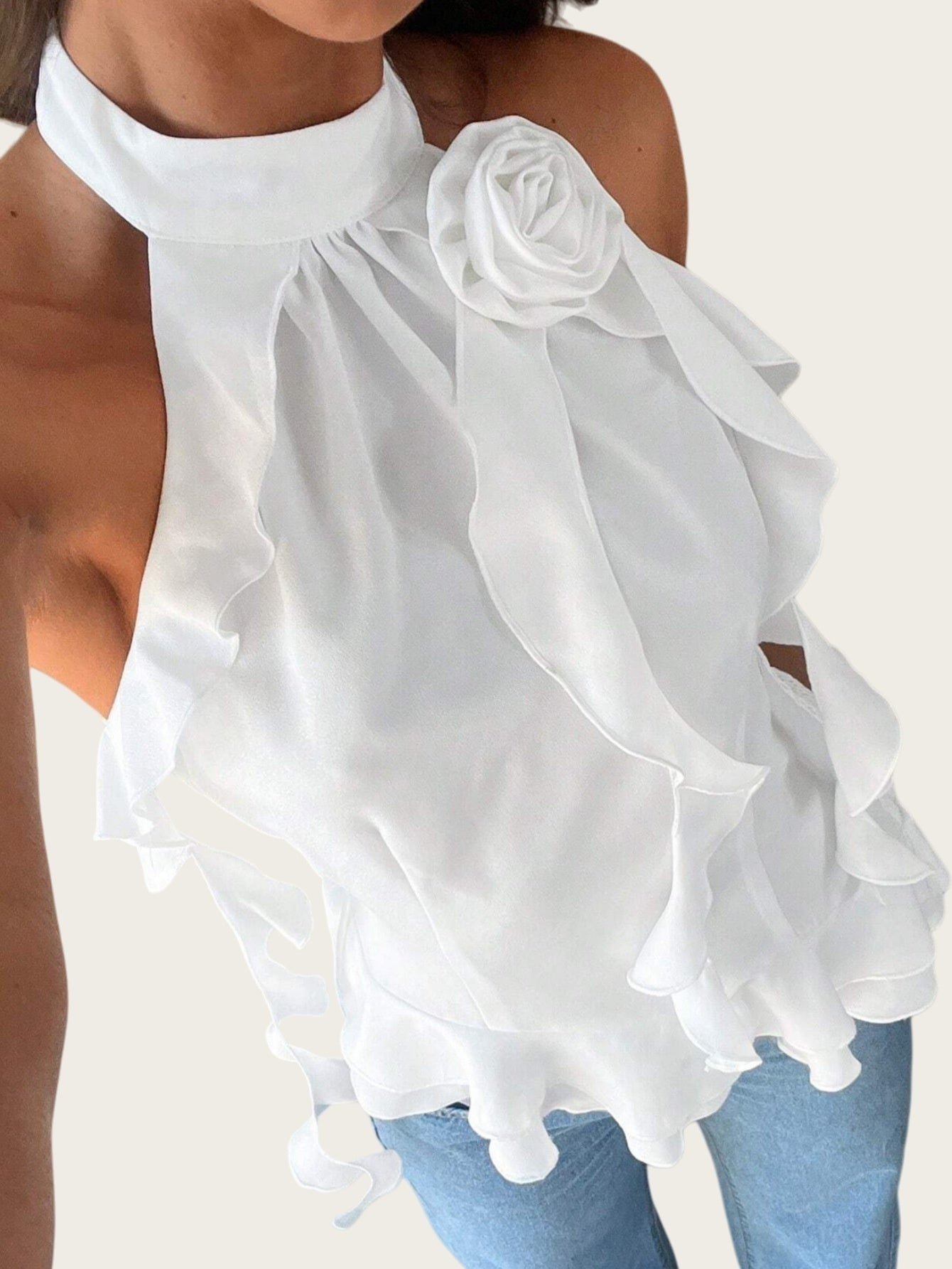 Chic Floral Neckpiece With Ribbon Tie Up Top