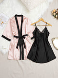 Womens Faux Silk Bathrobe And Pajama Two-Piece Set