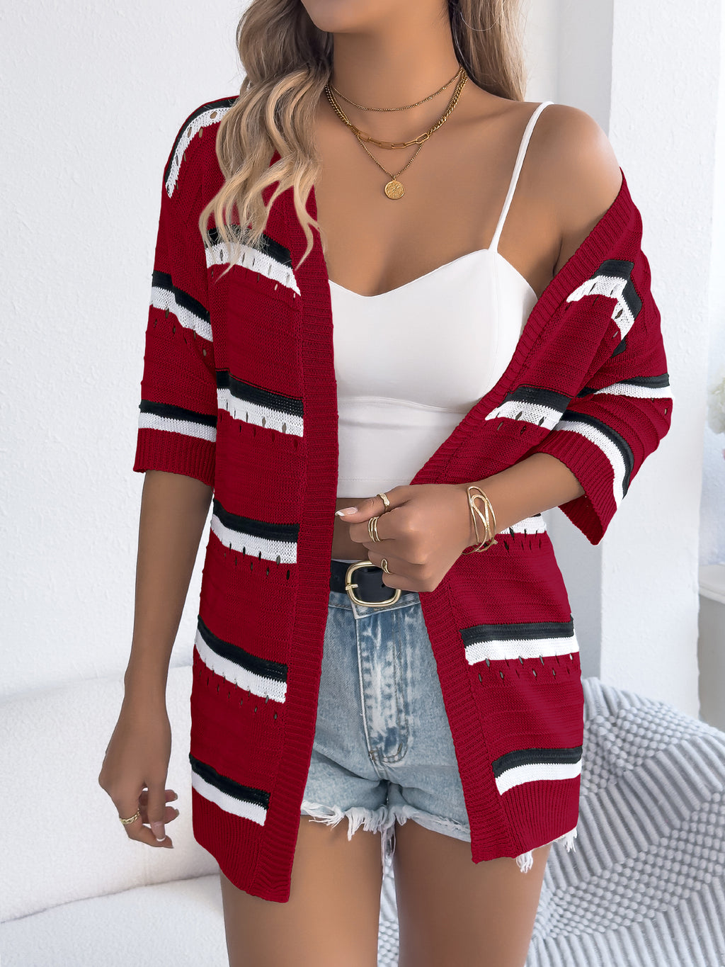 Women  Casual Stripe Hollow Out Mid-Sleeve Knit Vacation Cardigan