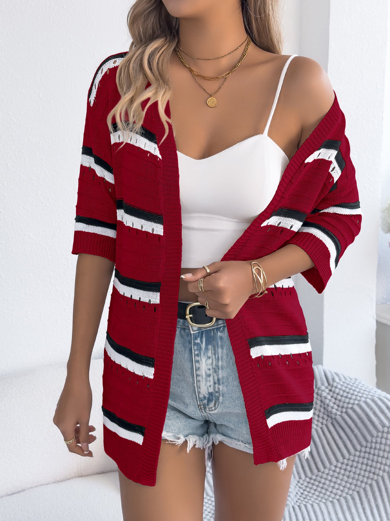 Women  Casual Stripe Hollow Out Mid-Sleeve Knit Vacation Cardigan