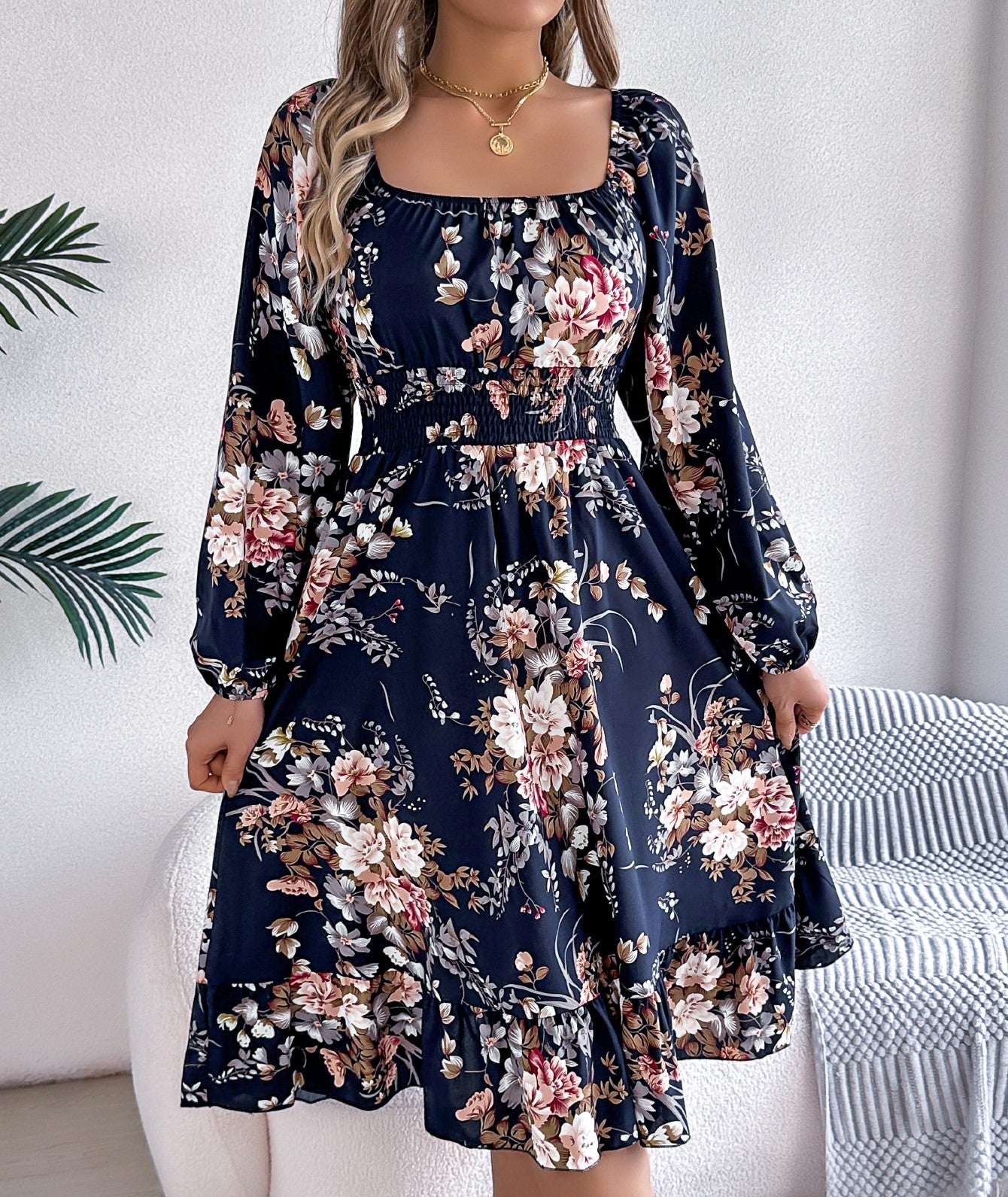 Women's Elegant Floral Print Square Neck Long Sleeve Tie Waist Ruffle A-Line Dress