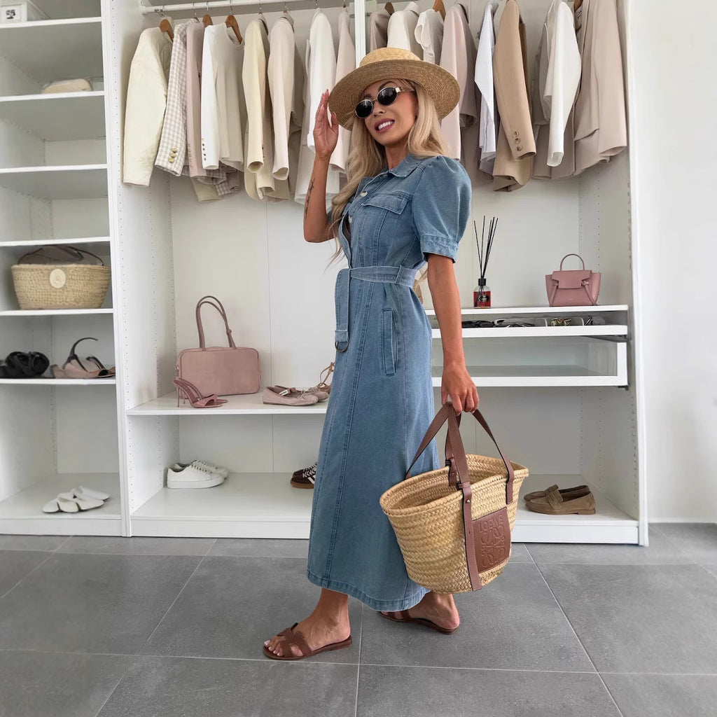 Women's Short-sleeve Denim Midi Skirt