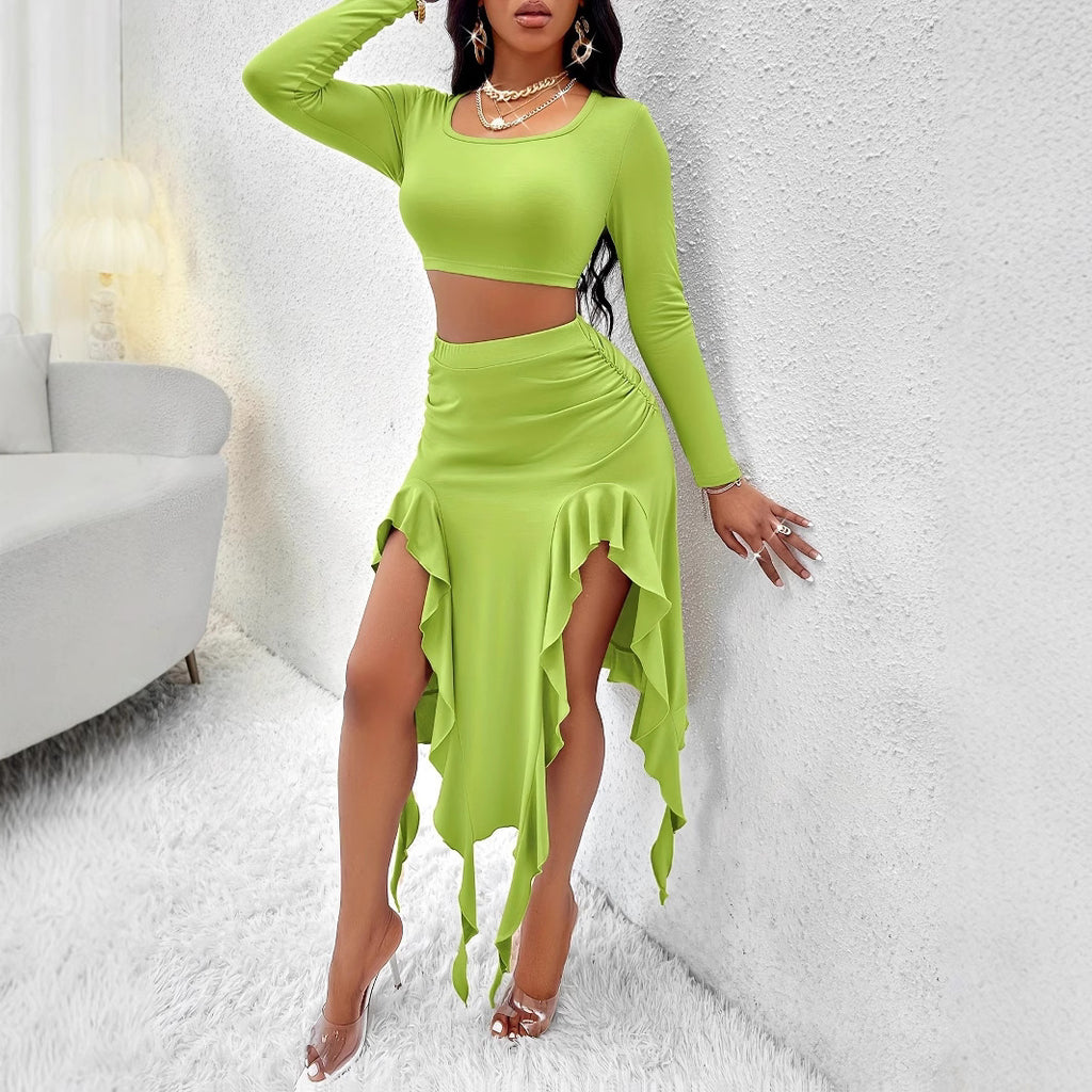 Solid-color Crewneck Long-sleeve Top And Ruffled Hem Midi Skirt Set