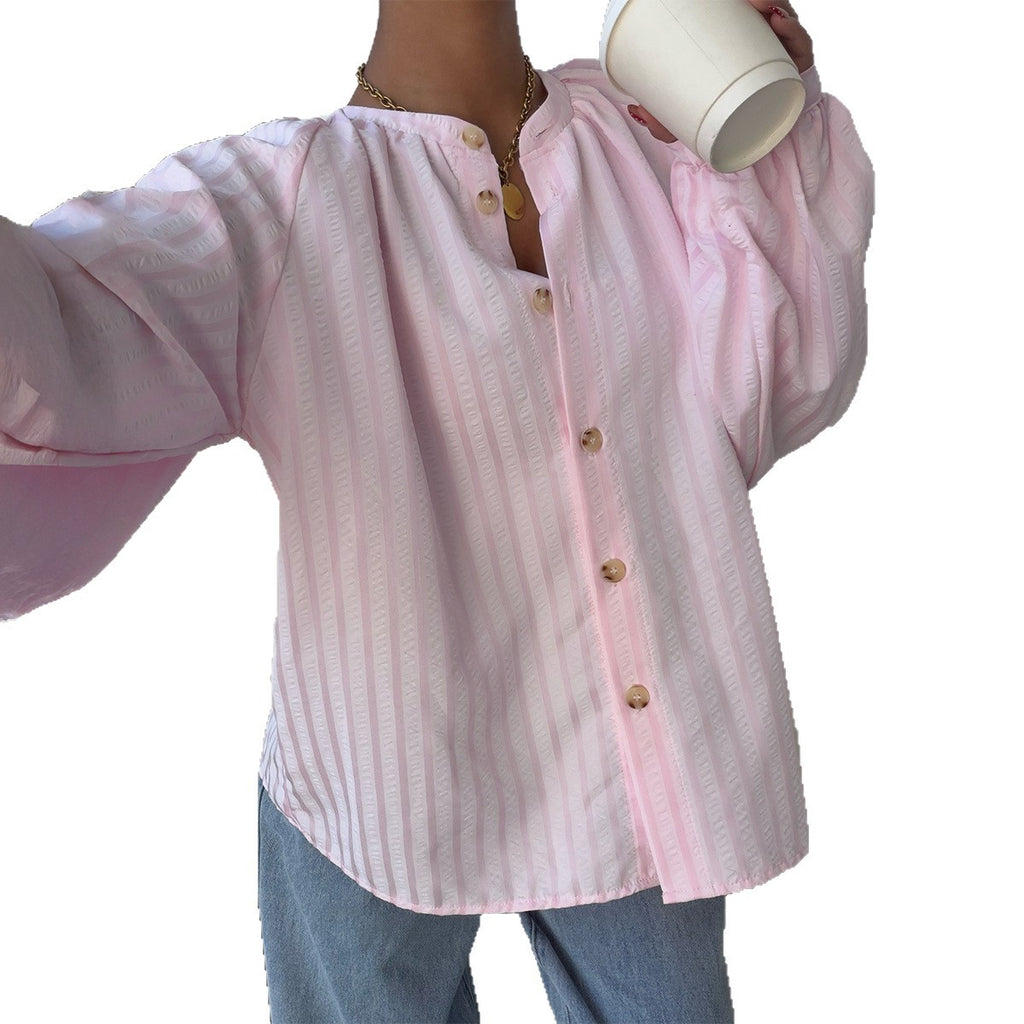 Casual Striped Button Up Shirt With A Stand Up Collar And Puff Sleeves
