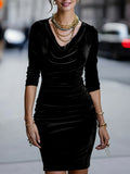Chiffon Velvet Sexy Long-sleeve Figure-flattering Pleated Boat-neck Dress