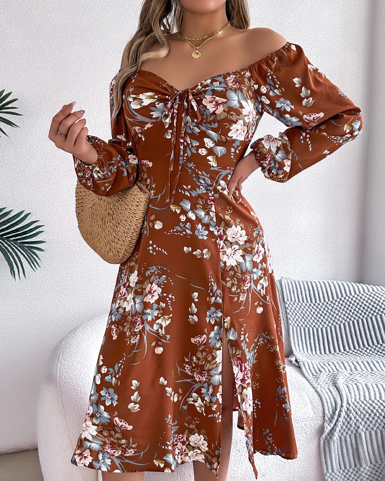 Women's Sexy Tie Knot Floral Print Long Sleeve Split Dress