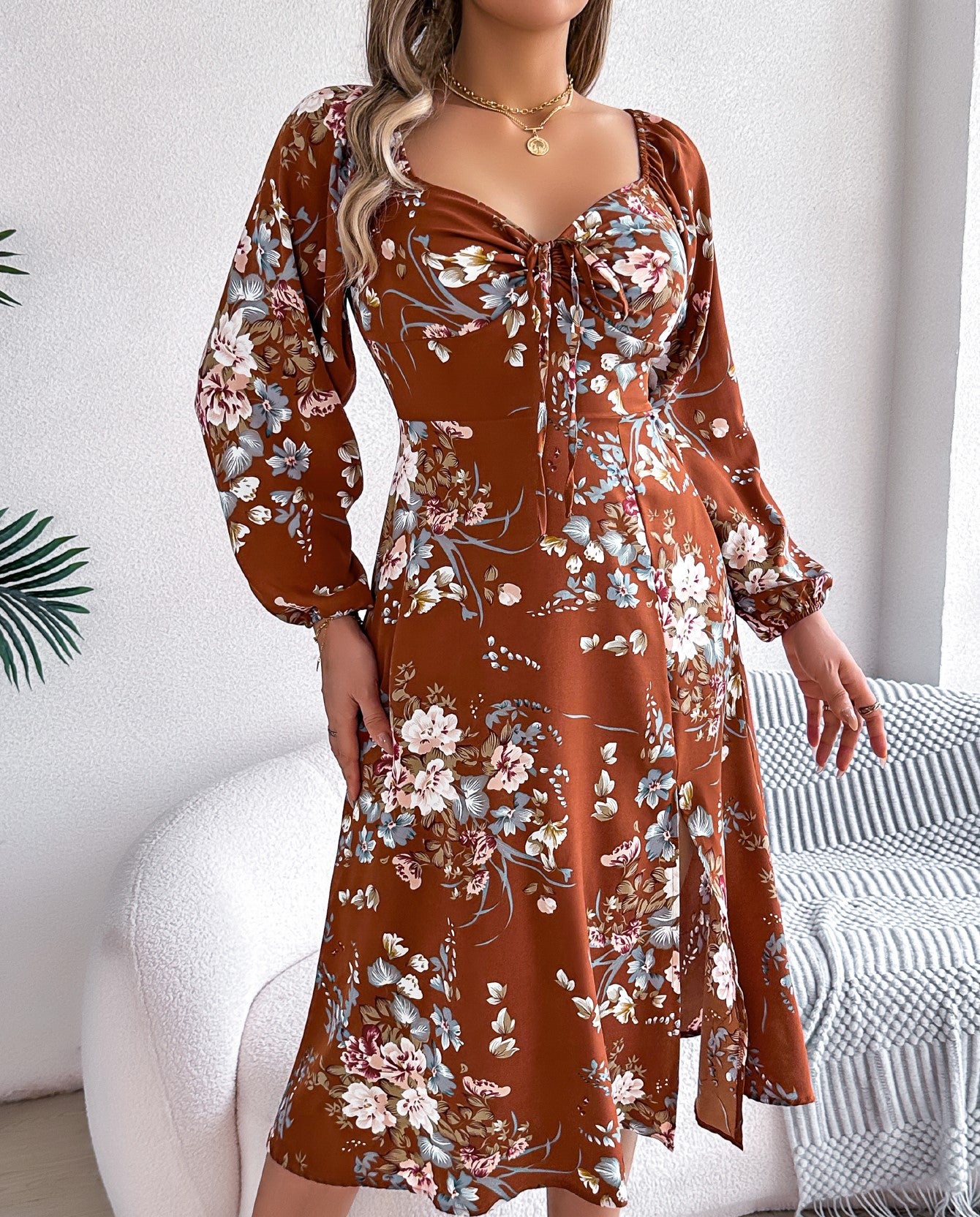 Women's Sexy Tie Knot Floral Print Long Sleeve Split Dress