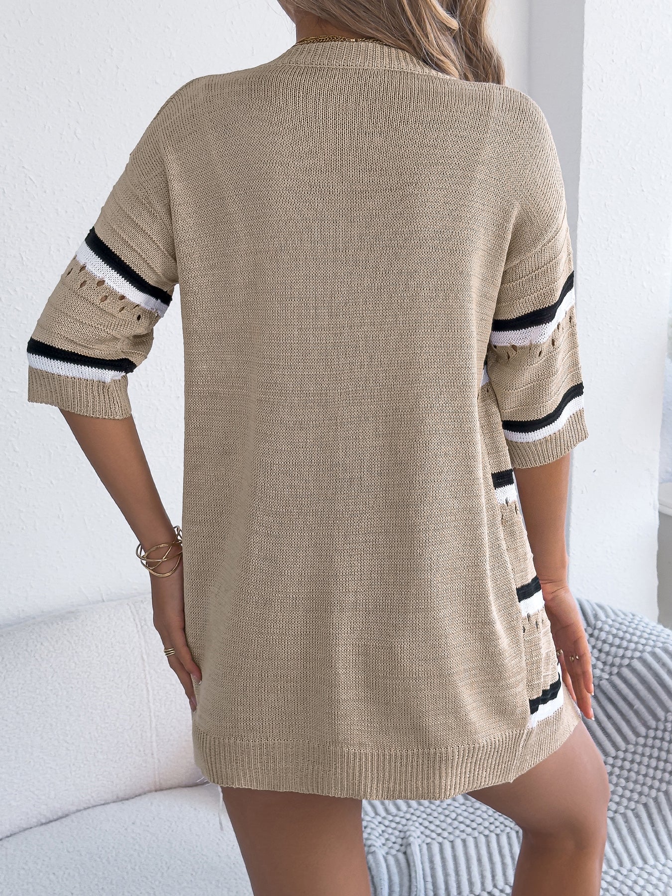 Women  Casual Stripe Hollow Out Mid-Sleeve Knit Vacation Cardigan