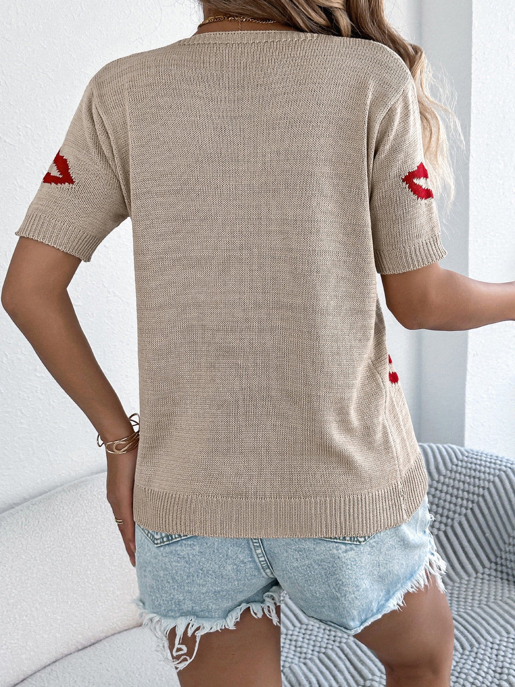 Women   Casual Sexy Lips Jacquard Tie Knit Valentine  Top